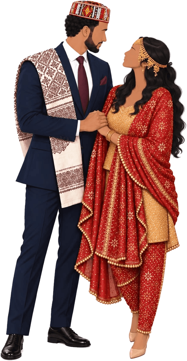 Illustration of Rami and Siham in traditional Harari wedding attire