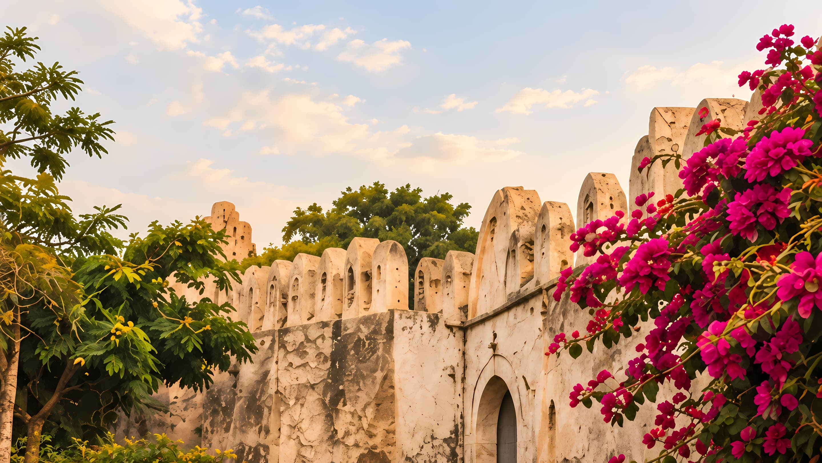 The historic city wall of Harar Jugol with bougainvillea in bloom